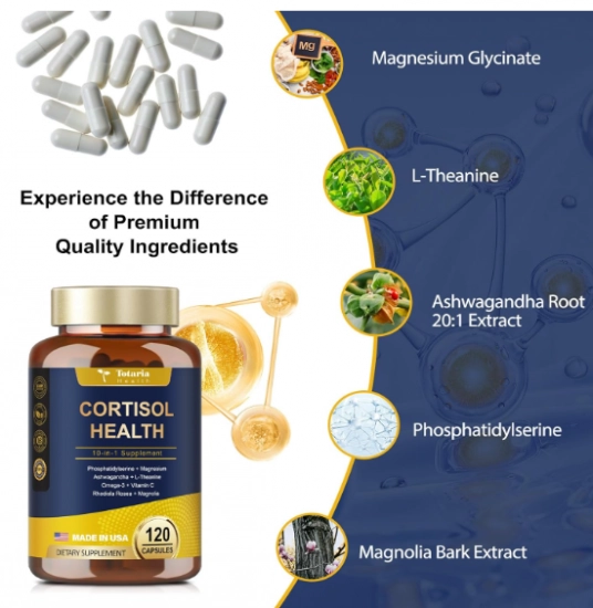 Cortisol com Ashwagandha, Magnésio, Rhodiola Rosea, L Teanina, Equilíbrio Hormona, 120 Cápsulas, Totaria