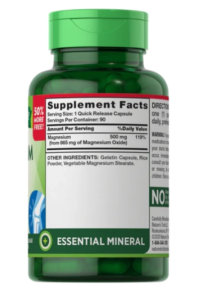 Óxido de Magnésio, 500mg, 90 cápsulas de liberação rápida, Natures Truth