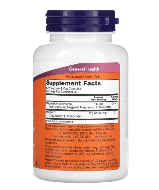 Magtein (Magnesium L- Threonate), 90 Cápsulas, Now