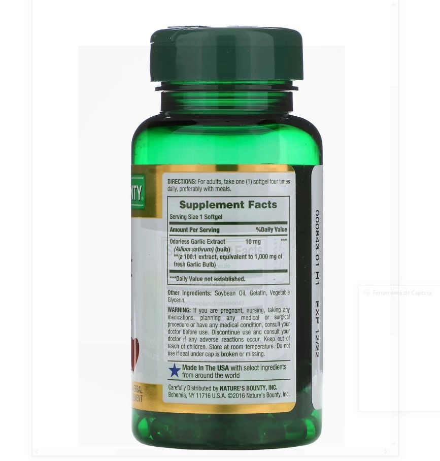 Oleo de alho (Garlic Extract), 1.000mg, 100 cápsulas, Nature's Bounty