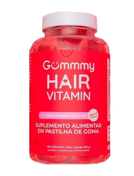 Gummy Hair, Cabelo, pele e unha, 60 Gomas Sabor Morango, 180g