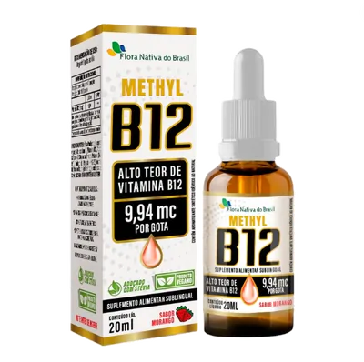 Vitamina B12 Líquida Sublingual, Metilcobalamina, 20ml (9,94mcg / gota), Sabor Morango, Flora Nativa
