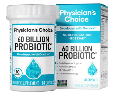 Probiótico 60 bilhões de UFC, 10 Cepas + Prebióticos Orgânicos, 84 Cápsulas, Physician's Choice