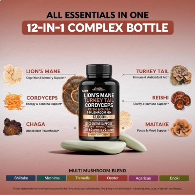 Lions Mane, Turkey Tail, Cordyceps + (Mix de 7 Cogumelos), 12,000mg, 60 Cápsulas, Nutra Harmony