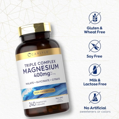 Magnésio Triple Complex 400mg, Relaxamento, Sono e Redução do Estresse, Suporte Muscular, 240 Cápsulas, Carlyle