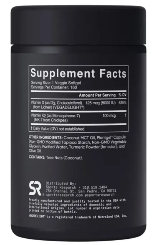 Vitamina D3 5000IU  + K-2 MK-7 100mg,  160 Cápsulas, Sports Research