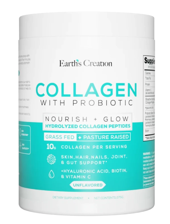 Peptídeos de colágeno hidrolisado com probióticos, Sem Sabor, 275g, Earth's creation