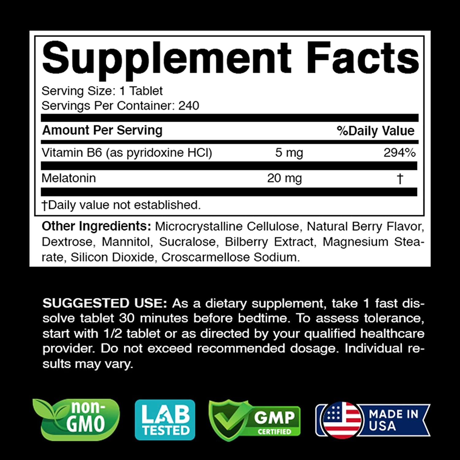 Melatonina, 20mg, 240 comprimidos de dissolução rápida, Com Vitamina B6, Vitabod