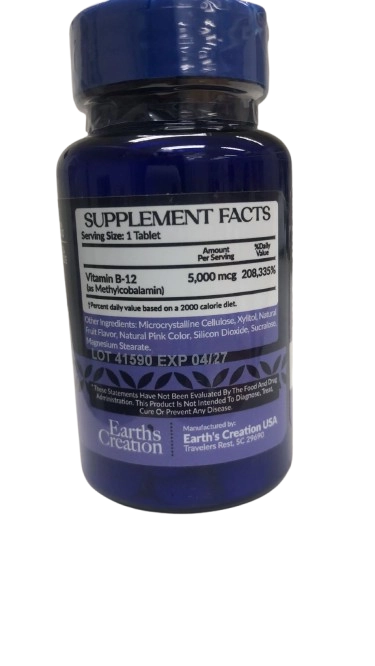 Vitamina B12, 5000mcg, 60 Tablets, Earth's Creation