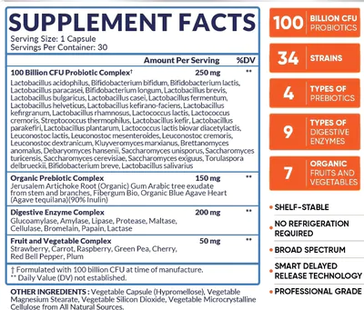 Probióticos Orgânicos Crus, 100 Bilhões CFU, Prebióticos e Enzimas Digestivas, 30 Cápsulas, Wholesome Wellness
