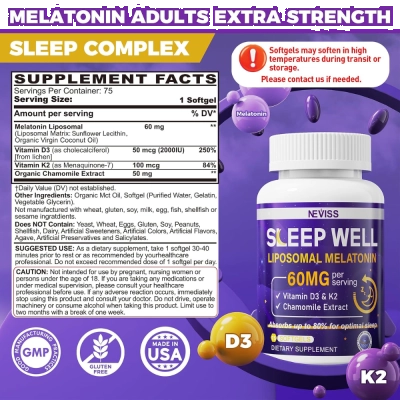 Melatonina Lipossomal 60mg, Com Vitamina D3, K2 e Camomila, 75 Softgels, NEVISS