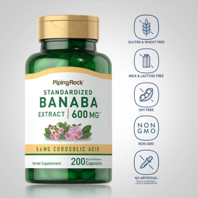 Extrato da Folha de Banaba com Ácido Corosólico, 600mg, 200 Cápsulas, PipingRock