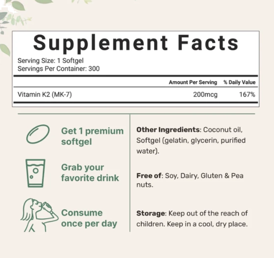 Vitamina K2 Mk-7 200mg, 300 Cápsulas, Micro Ingredients