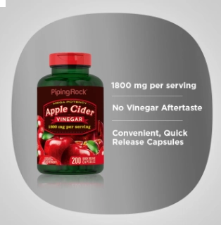 Apple Cider Vinegar Mega Potency 1800mg, Vinagre de Maçã, 200 Cápsulas, PipingRock