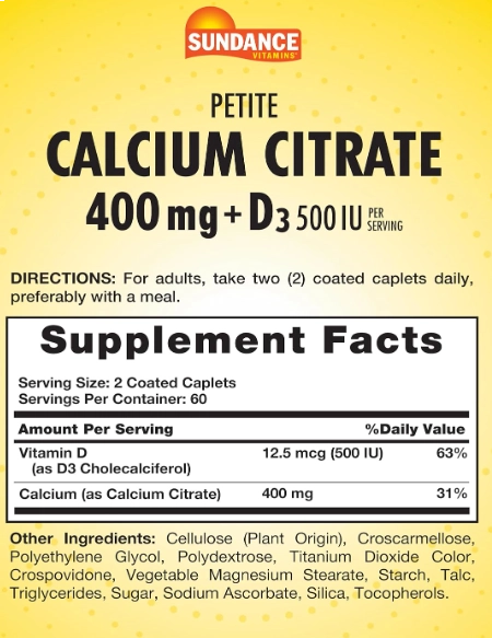 Citrato de Cálcio 400mg, com Vitamina D3, 120 Cápsulas, Sundance