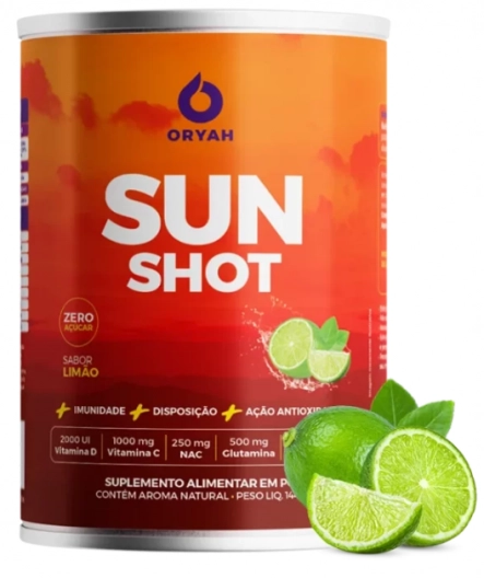 Shot Matinal Sunshot, com Vitaminas D, C e E,  NAC e Glucosamina, Sabor Limão,  144g, Oryah