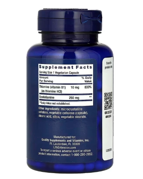 Mega Benfotiamina, 250mg, 120 Cápsulas, Life Extension