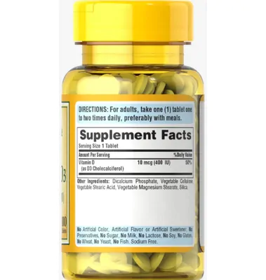 Vitamina D3, 10mcg, 100 Comprimidos, Puritan's Pride