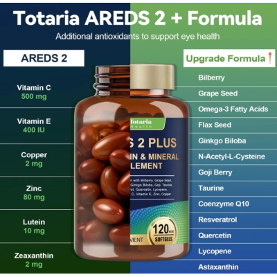 Areds 2 Plus, Saúde dos Olhos com Luteína, Zeaxantina, Vitaminas C,E e Ômega, 120 Cápsulas, Totaria Health
