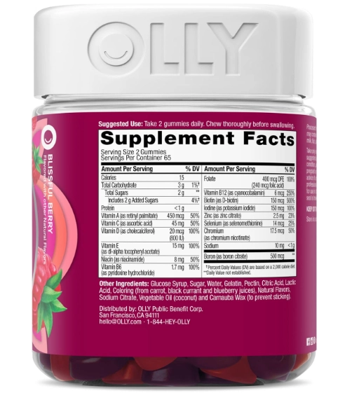 Multivitamínico feminino com Vitaminas A, D, C, E, Biotina, Ácido Fólico, 130 Gomas, OLLY