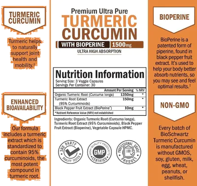 Turmeric Curcuma com BioPerine, 1500mg, 90 Cápsulas, BioSchwartz