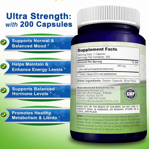 DHEA 100mg, 200 Cápsulas, aSquared Nutrition