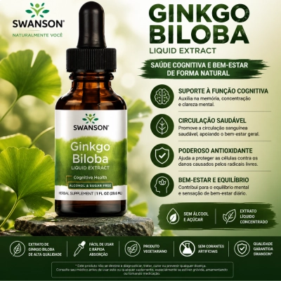 Ginkgo Biloba, Concentração, Memória e Bem-Estar Cognitivo, 29ml, Swanson