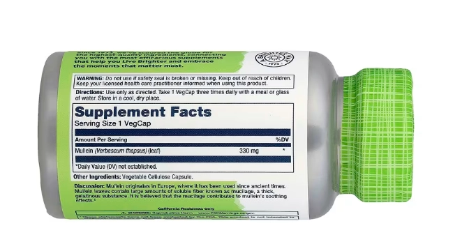 Mullein, Verbasco 330mg, 100 Cápsulas, Solaray