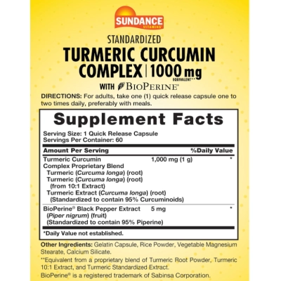 Turmeric Curcumin Complex , Cúrcuma 1000mg com BioPerine, 60 Cápsulas, Sundance 