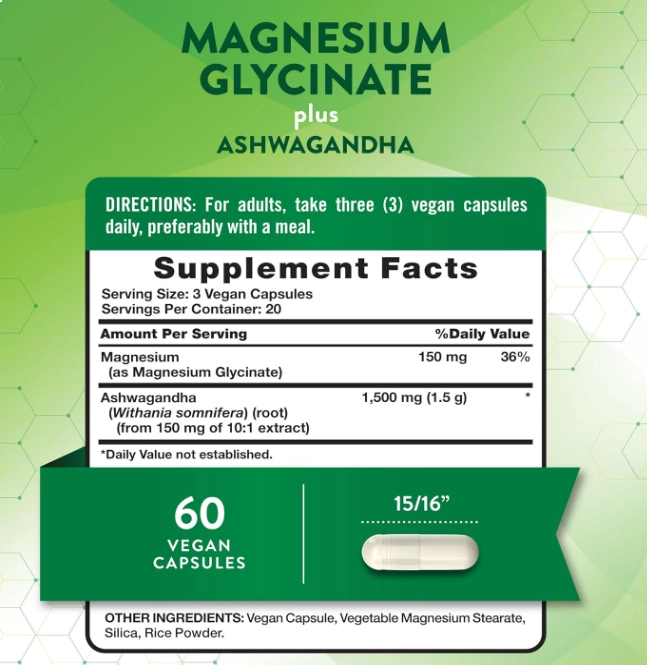 Magnésio Glycinate com Ashwagandha, 60 Cápsulas, Nature's Truth