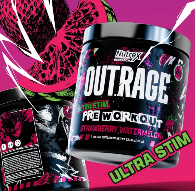 Pré Treino Outrage, Com Cafeína, L-Citrulina, Beta-Alanina e Creatina, Ultra Stim, Sabores, Nutrex