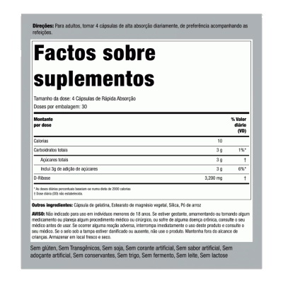 D-Ribose 100% Puro, 3200 mg, 120 Cápsulas - Piping Rock