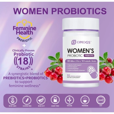 Probiótico para Mulheres, 180 bilhões de UFC, 18 Cepas, com Prebióticos, 90 Cápsulas, OMOGS