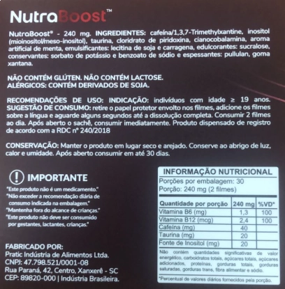 NutraBoost, Energia Física e Clareza Mental, 30 Filmes Orodispersíveis Sabor Menta, Nutra-C