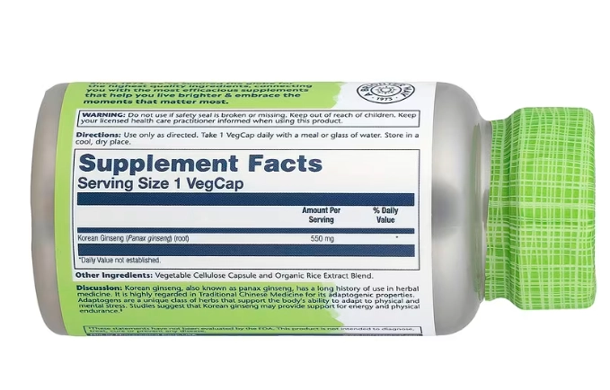 korean Ginseng 550mg, Ginseng Coreano, 100 VegCaps, Solaray