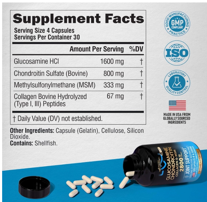 Glucosamina Condroitina 2800mg com MSM e Colágeno, 120 Cápsulas, Totaria Health