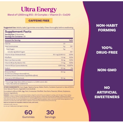 Ultra Energy 4 em 1, com B12, Complexo B, Vitamina D e CoQ10, 60 Gomas Sabor Mirtilo, Natrol 