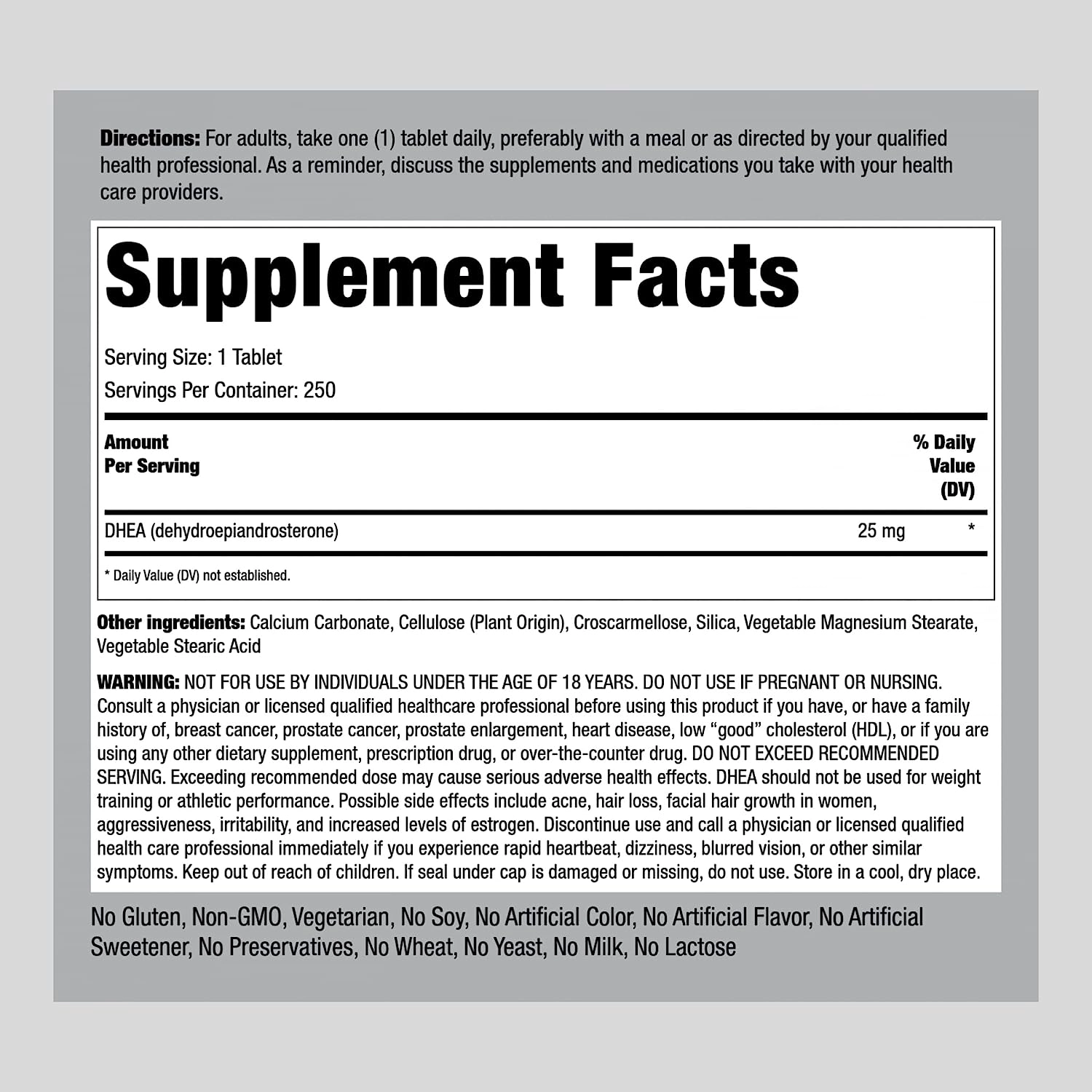 DHEA 25mg, 250 Tablets, PipingRock