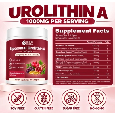 Urolitina A Lipossomal 1000mg, Premium 10 em 1, 90 Cápsulas, HMHDWelltra