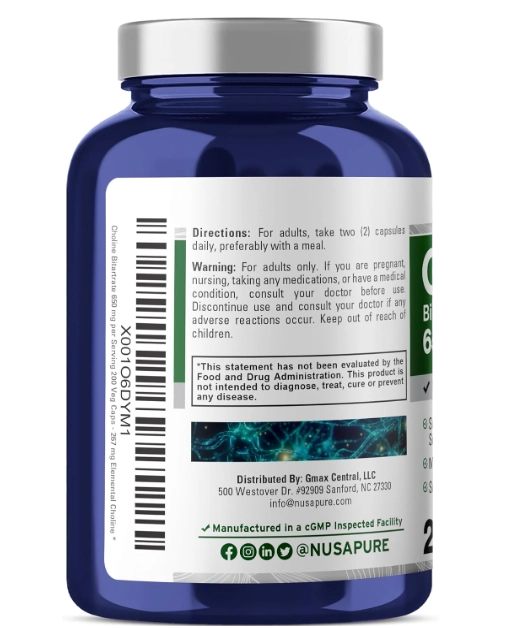 Bitartrato de colina 650mg, 200 Cápsulas, NusaPure