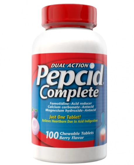 Dual Action Acid Reducer + Antiácido, 100 Comprimidos Sabor Frutas Vermelhas, Pepcid