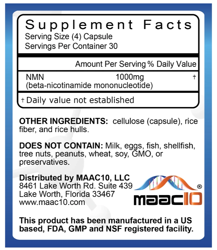 NMN 1000mg, Suporte Avançado para Níveis de NAD+, 120 Cápsulas, MAAC10
