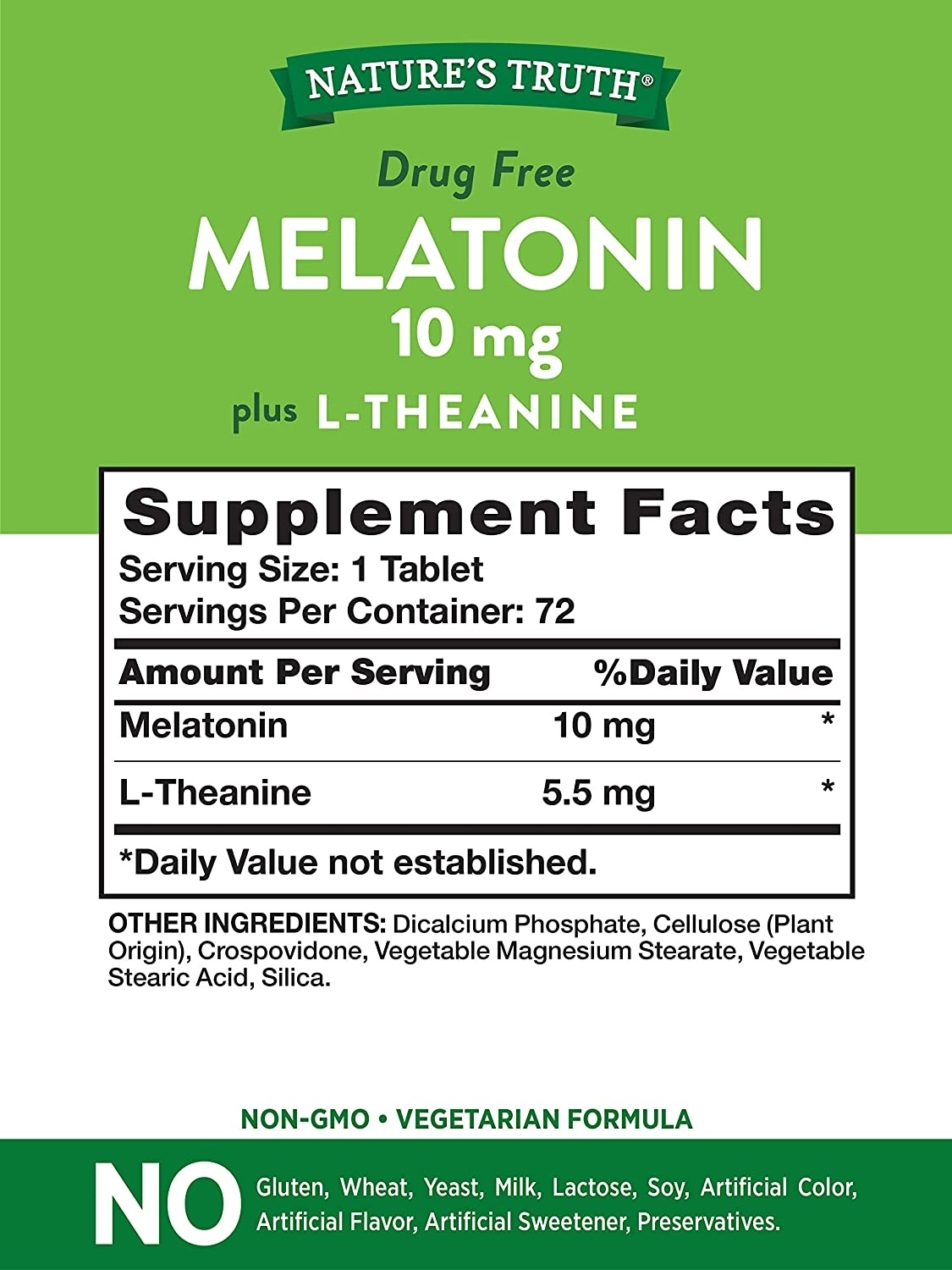 Melatonina 10mg, Maximum Strength, Com L-teanina, 72 Tablets, Nature's Truth