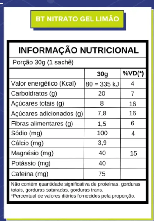 BT 400 Nitrato Gel, Com cafeína, Sabor Limão e Gengibre, 30g cada, Caixa com 10, Dobro