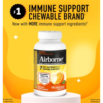 Vitamina C 1000mg, com Vitaminas ACE, Zinco, Selênio, Equinácea, Gengibre e Antioxidantes, 116 Comprimidos sabor Cítrico, Airborne