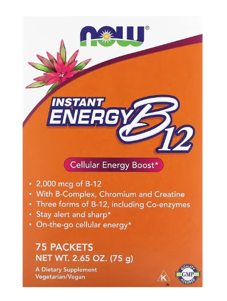 Energia Instantânea B12, 2000 mcg, 75 Pacotes, 1g Cada, Now