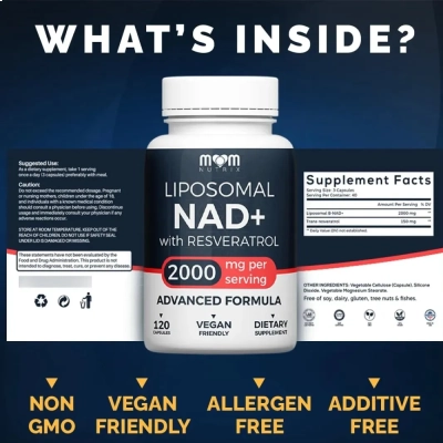 Liposomal NAD+ with Reseveratrol, 2000Mg, 120 Cápsulas, MOM NUTRIX
