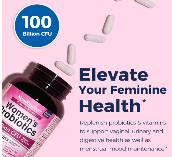 Probióticos para Mulheres, P-5-P, Vitamina C e Cranberry, 100 Bilhões de UFC, 60 Cápsulas, NewRhythm
