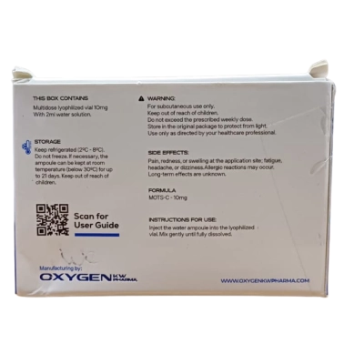 MOTS-C (16 aminoácidos derivados do DNA mitocondrial), 10mg, com Água Bacteriostática, Oxygen