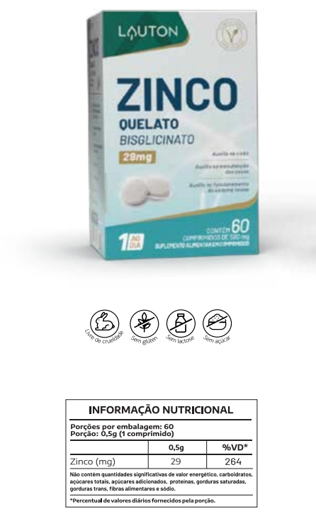 Zinco Quelato, 29mg, 60 comprimidos, Lauton Nutrition